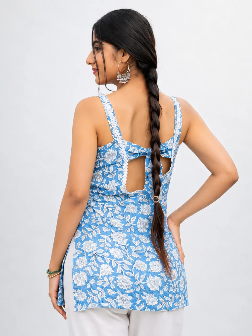 Blue Floral Back-Tie Short Kurti Top