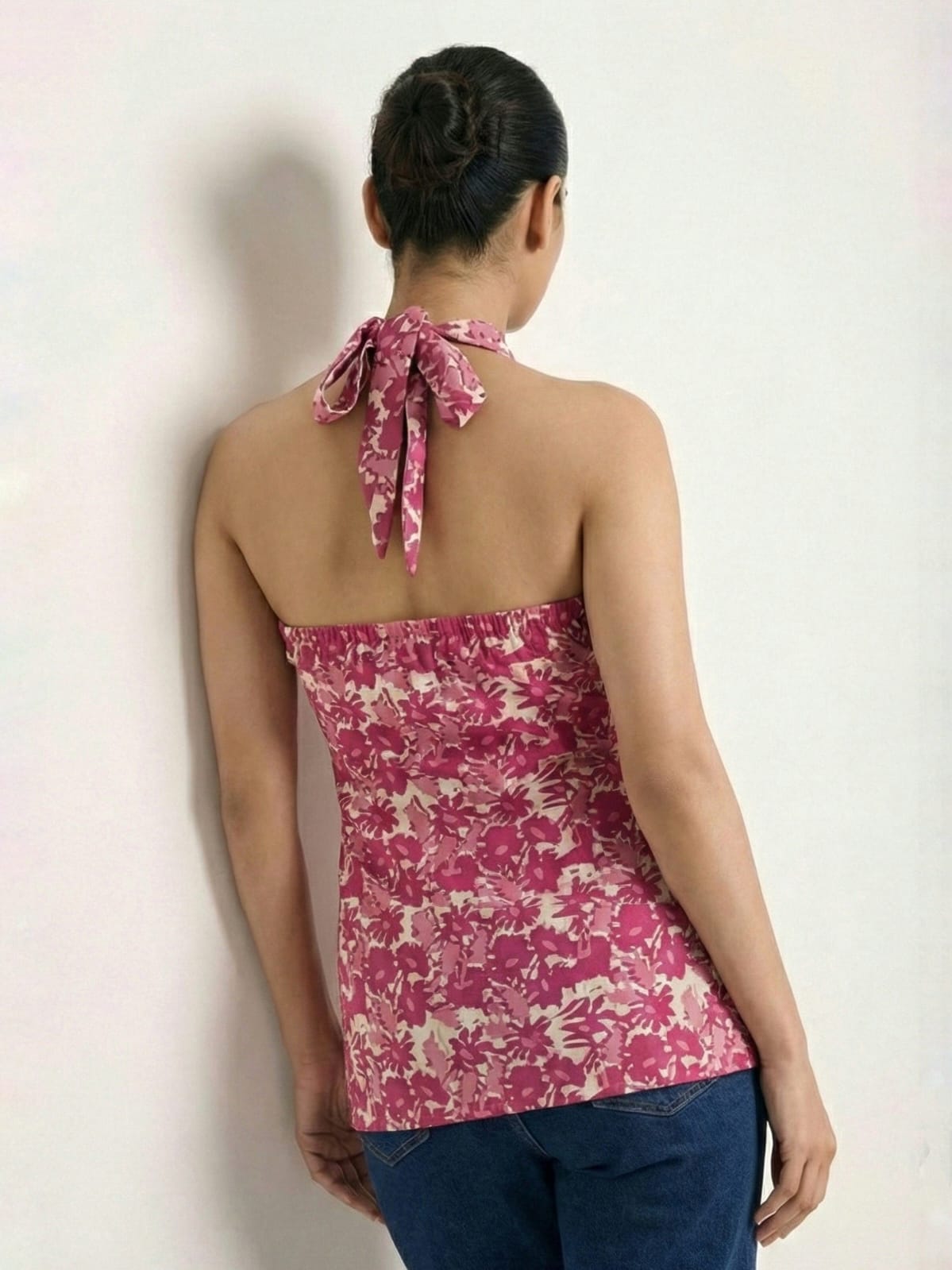 Pink Floral Halter-Neck Lace Strap Top