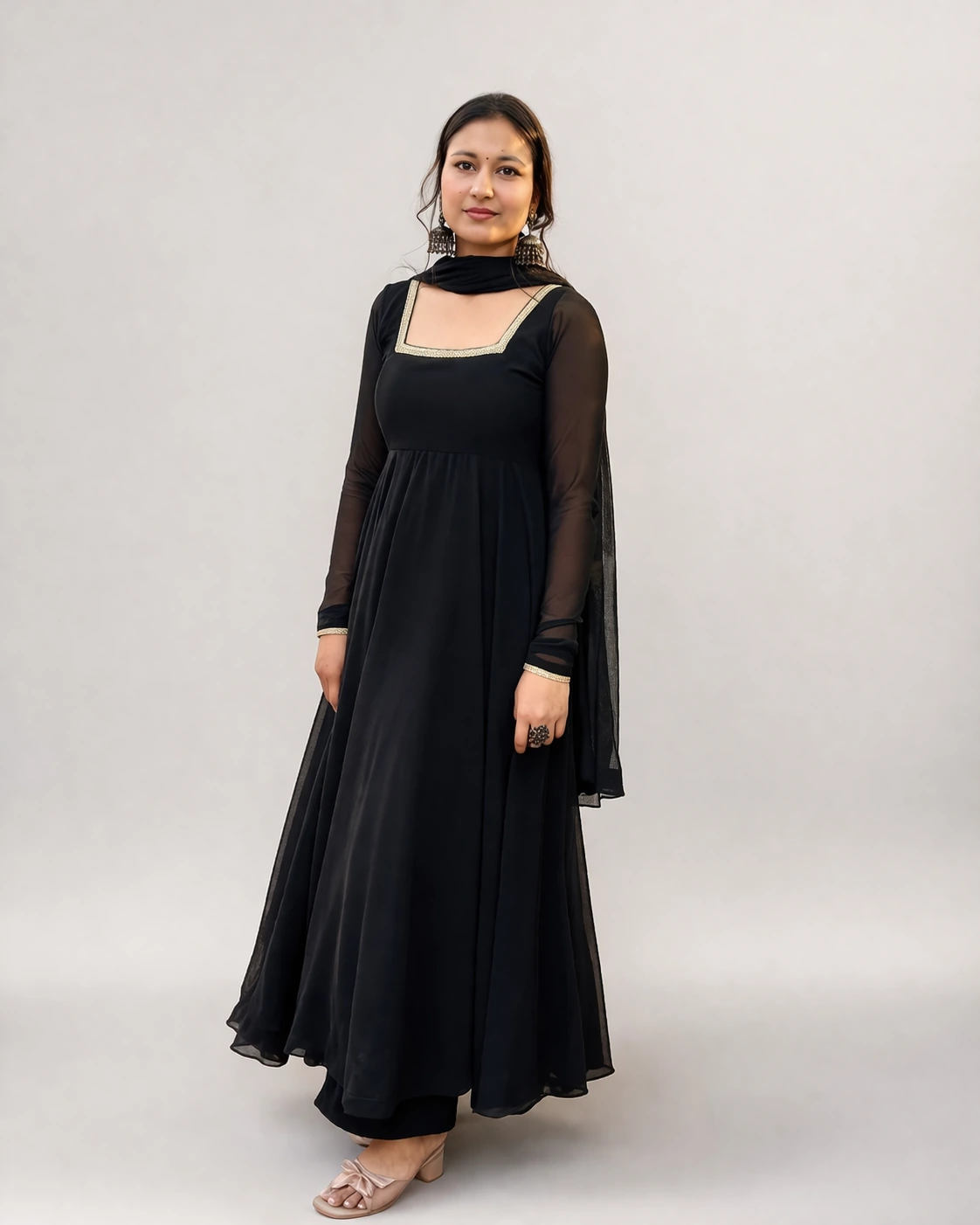 Women’s Black Anarkali Kurta Dress with Square Back Neck and Sheer Sleeves