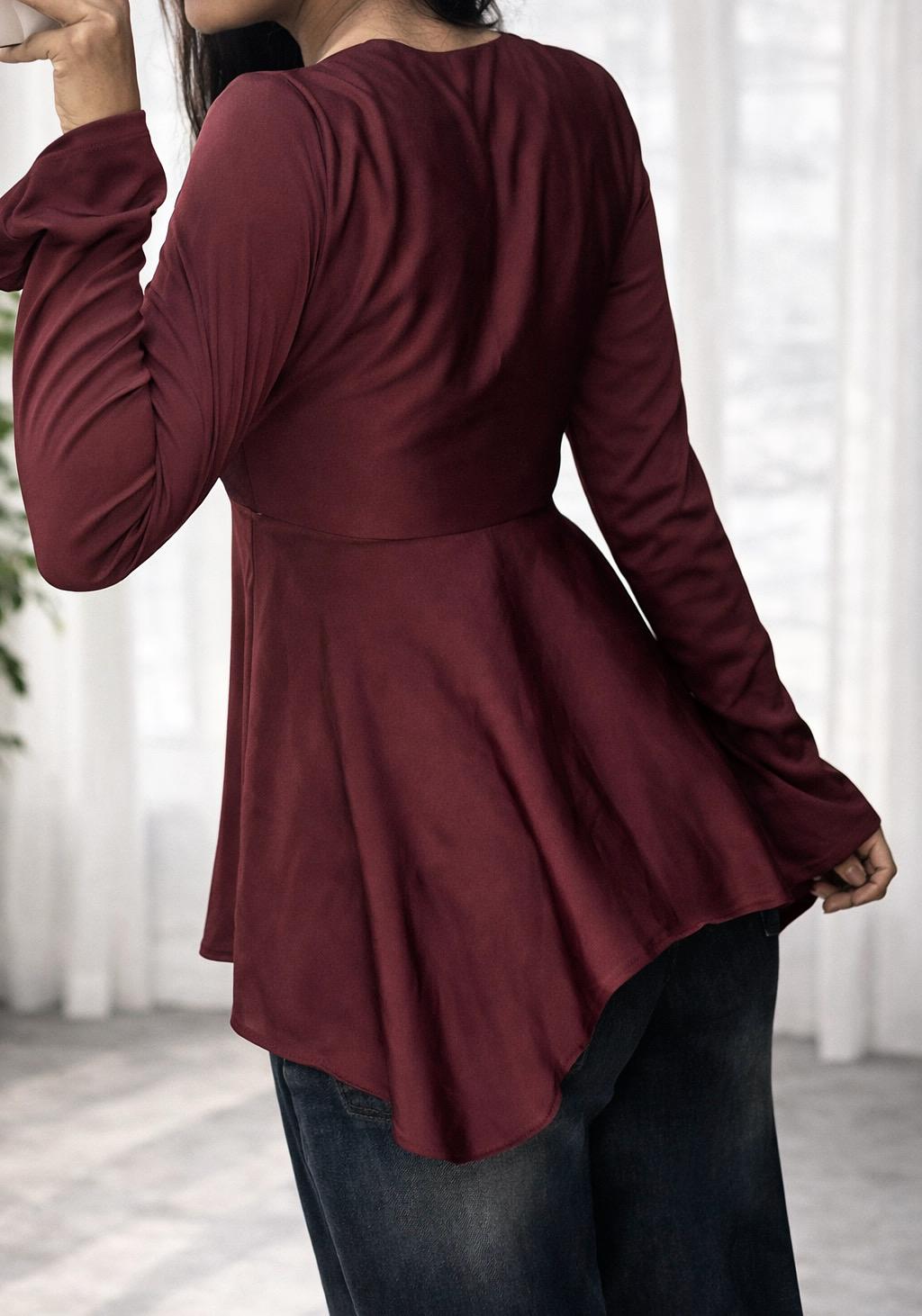 Burgundy Ruched Peplum Top