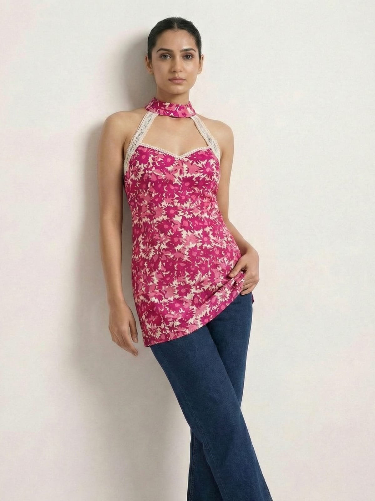 Pink Floral Halter-Neck Lace Strap Top
