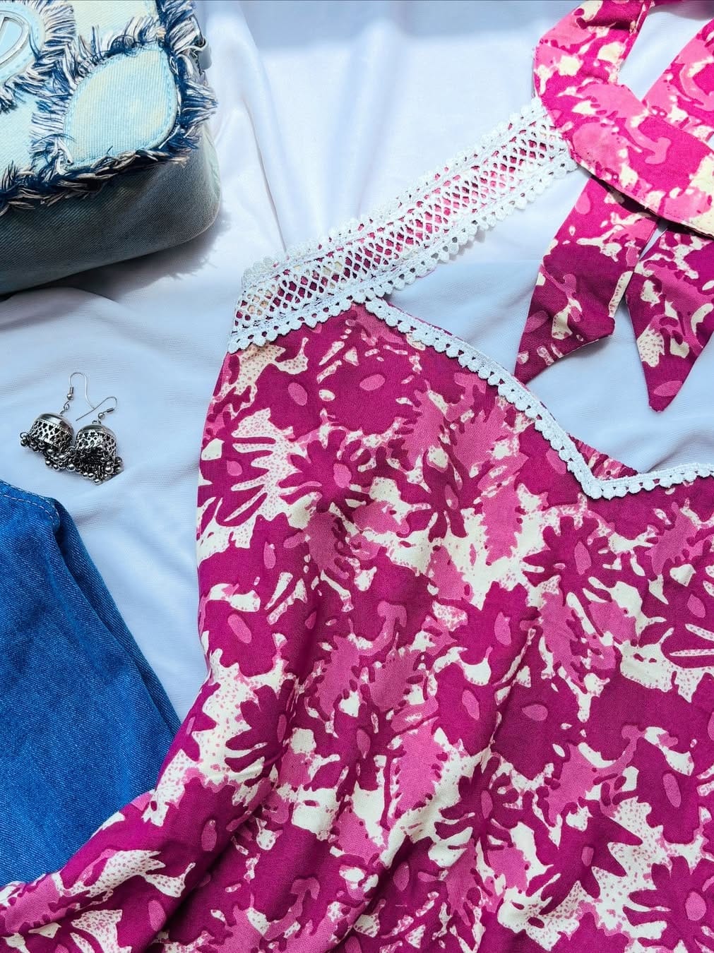 Pink Floral Halter-Neck Lace Strap Top