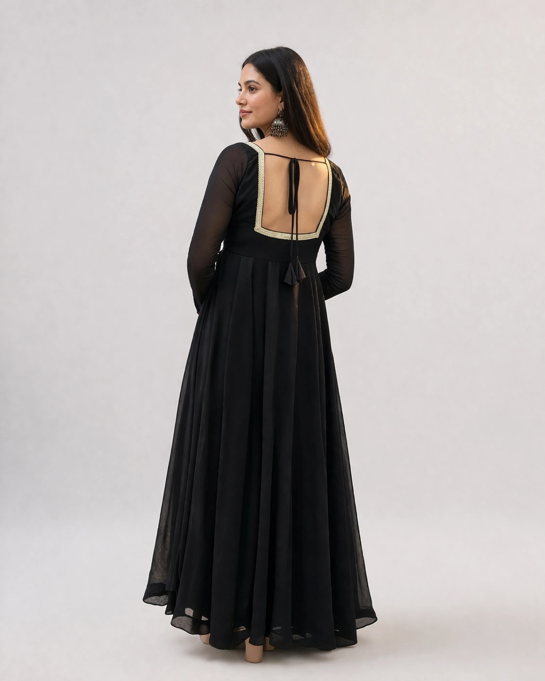 Women’s Black Anarkali Kurta Dress with Square Back Neck and Sheer Sleeves