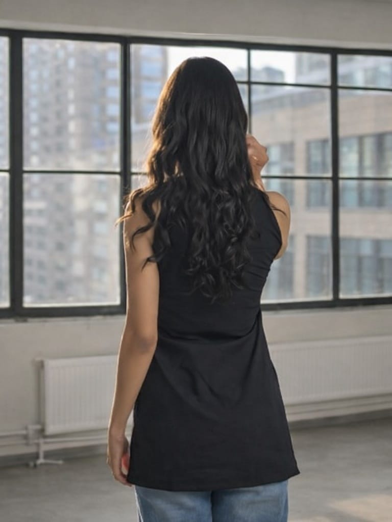 Women’s Black Sleeveless Tunic Top with White Collar