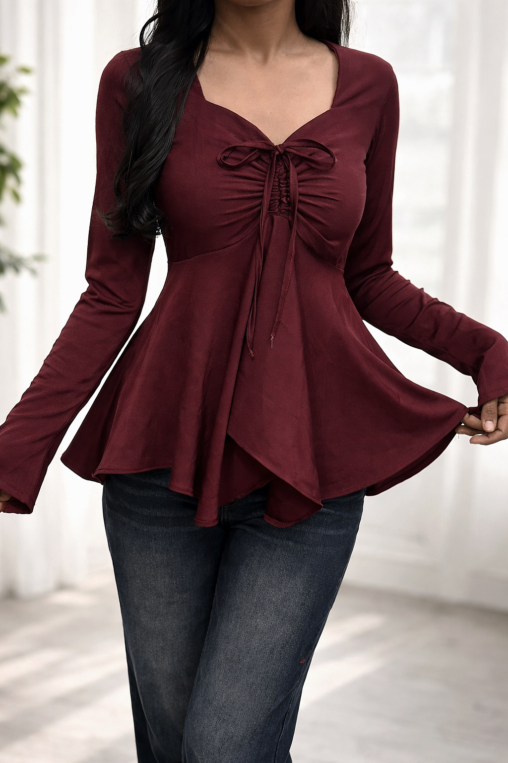 Burgundy Ruched Peplum Top