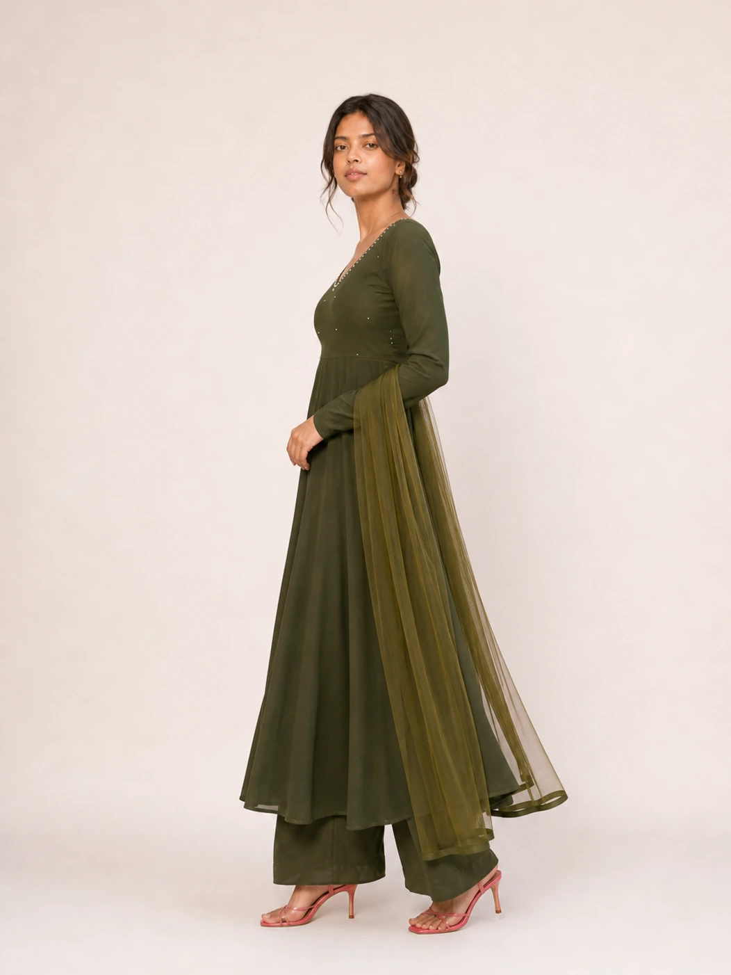 Women's Olive Green Embellished Georgette Anarkali Suit Set 3