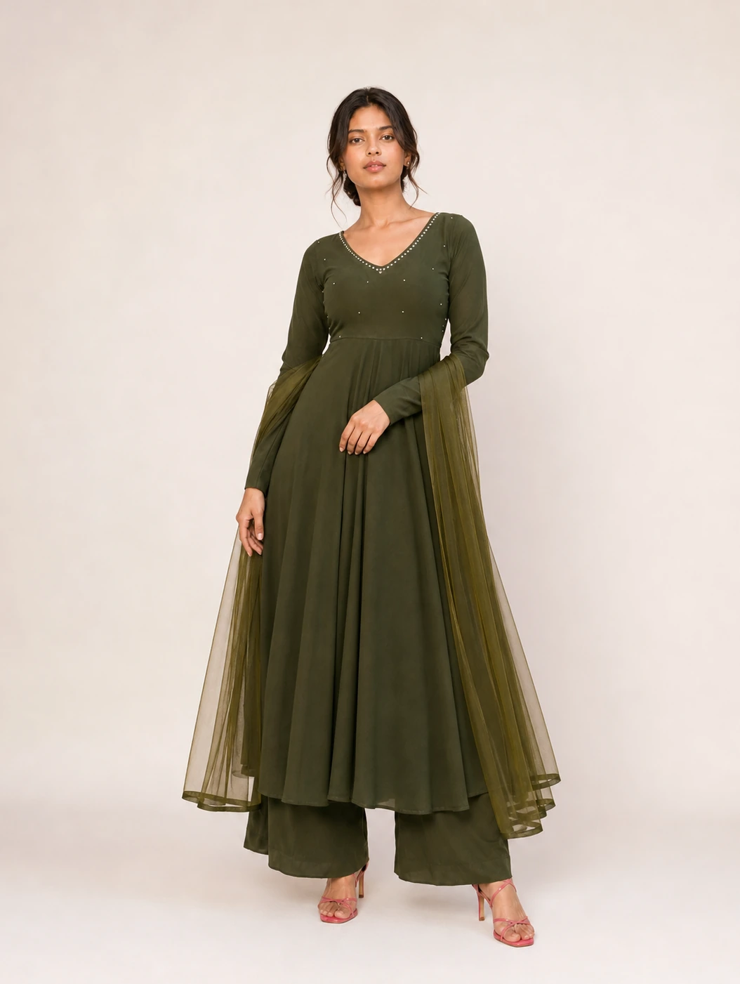 Women's Olive Green Embellished Georgette Anarkali Suit Set
