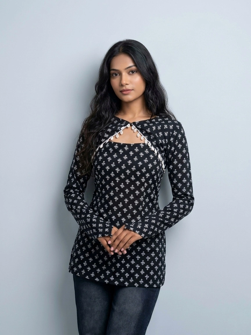 Women’s Black & White Printed Tunic Top for Casual Wear