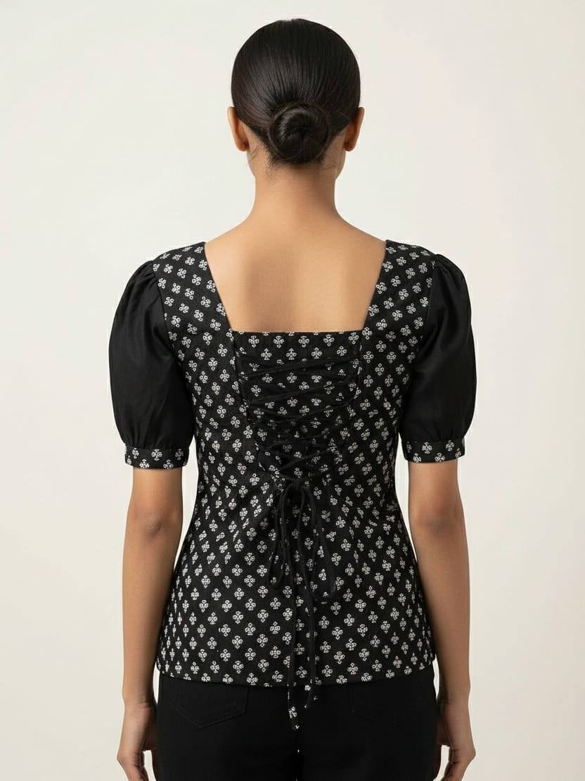 Black Printed Puff Sleeve Lace-Up Back Kurti thumbnail 2