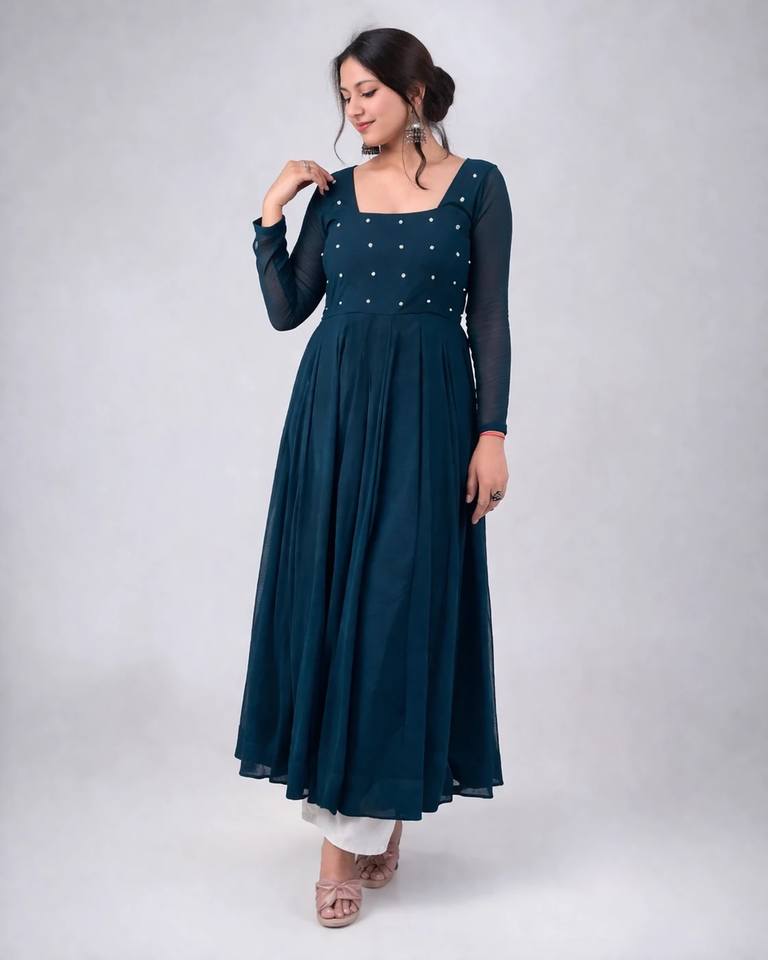 Women’s Teal Blue Embellished Anarkali Kurta with Sheer Full Sleeves