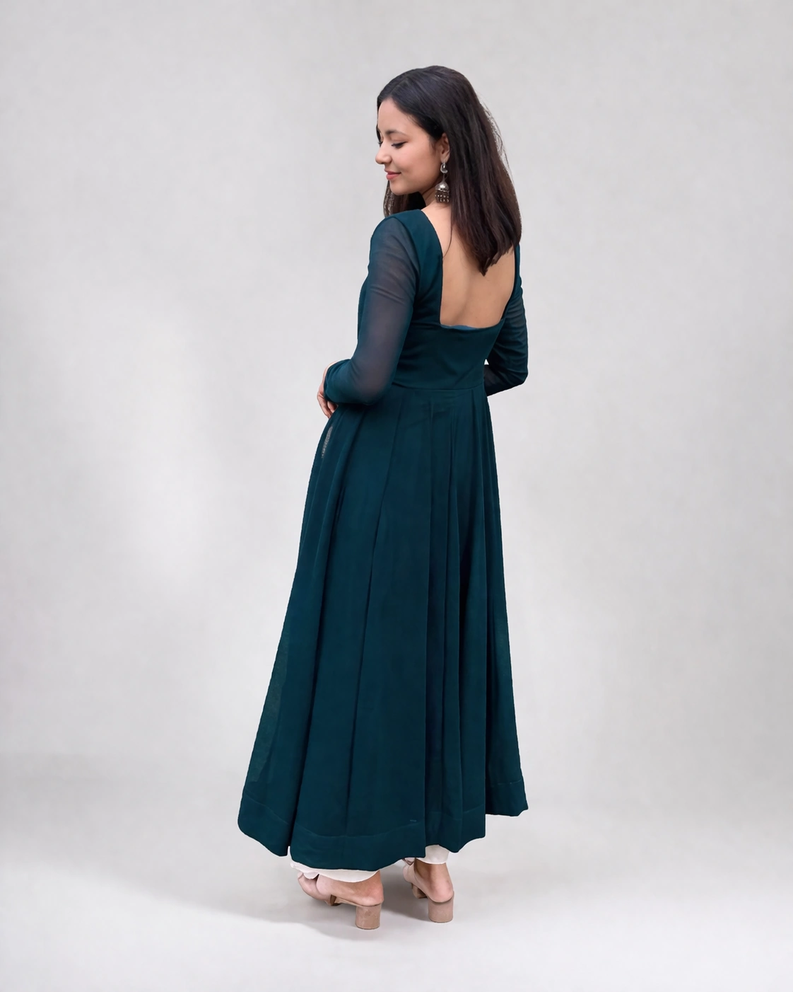 Women’s Teal Blue Embellished Anarkali Kurta with Sheer Full Sleeves