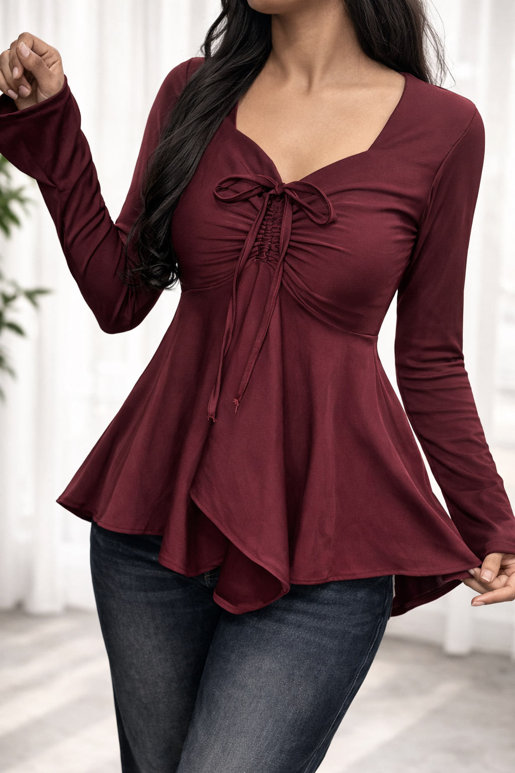Burgundy Ruched Peplum Top