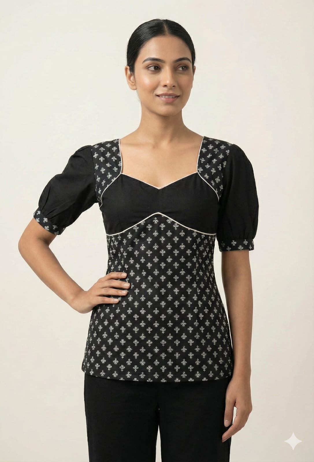 Black Printed Puff Sleeve Lace-Up Back Kurti thumbnail 3