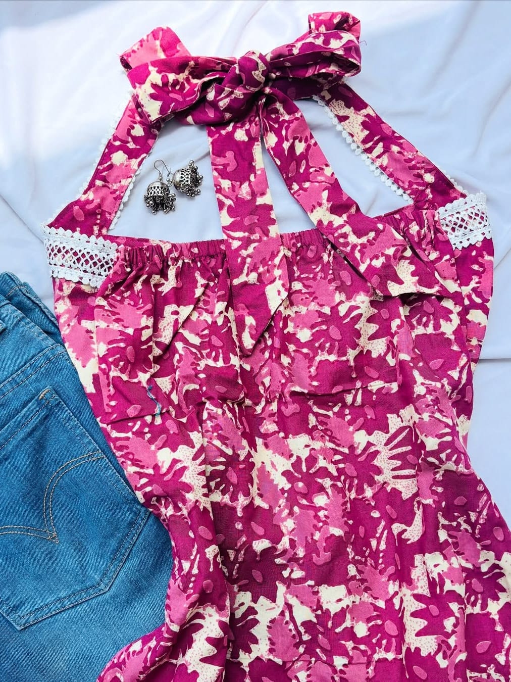 Pink Floral Halter-Neck Lace Strap Top