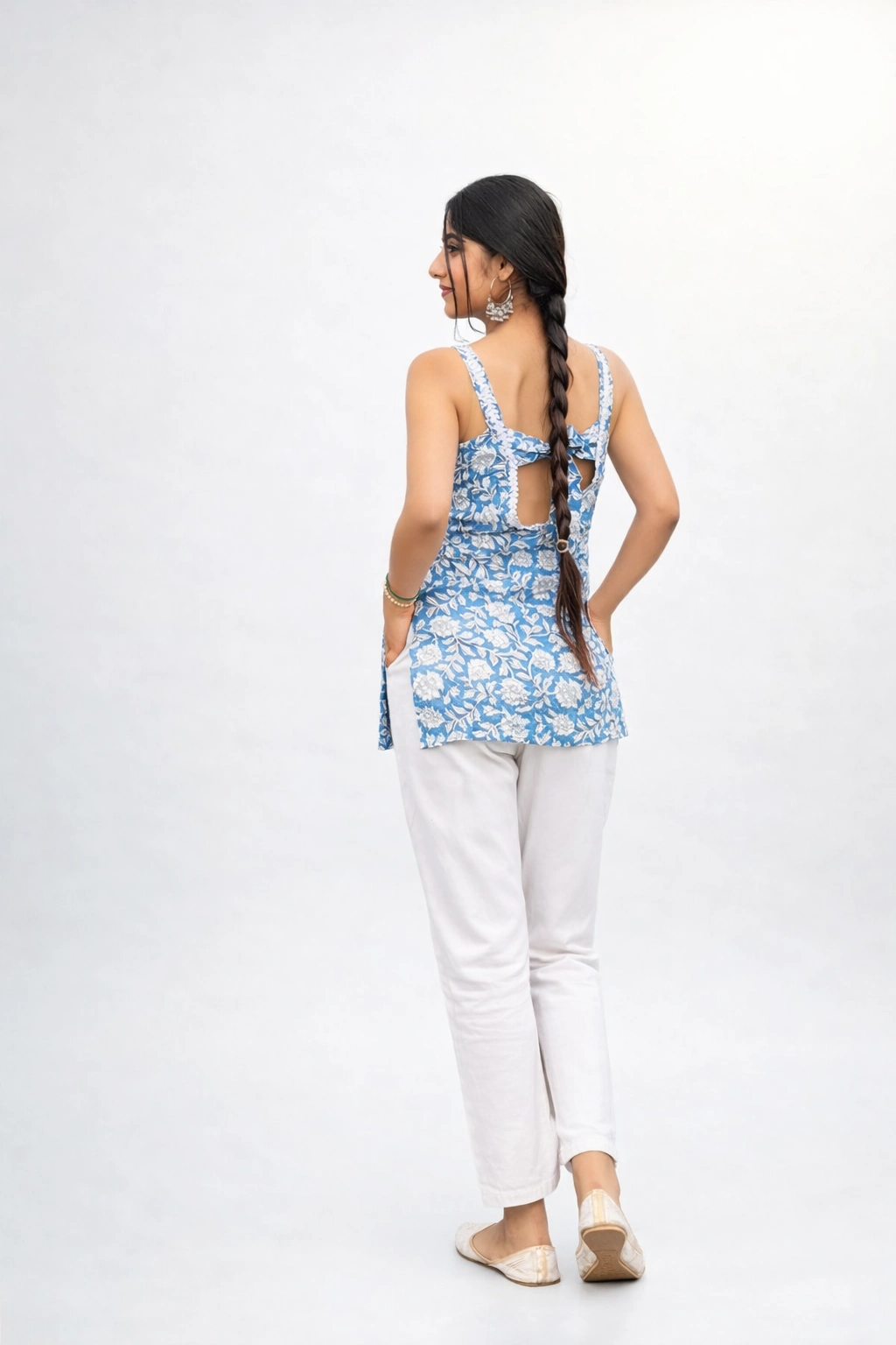 Blue Floral Back-Tie Short Kurti Top
