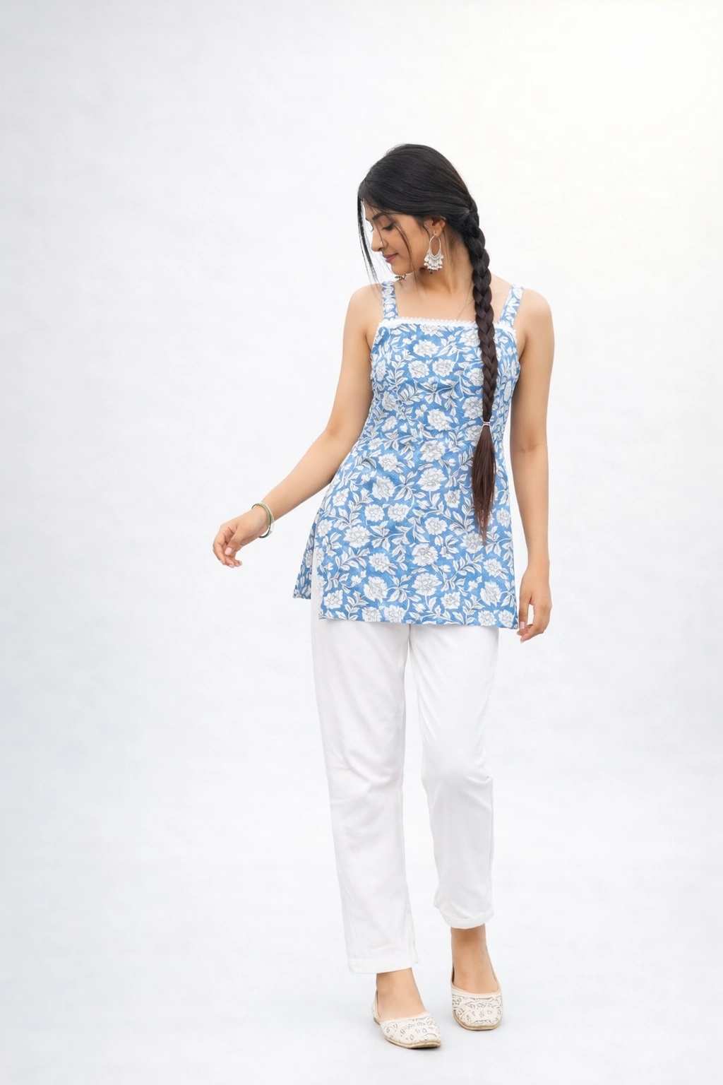 Blue Floral Back-Tie Short Kurti Top