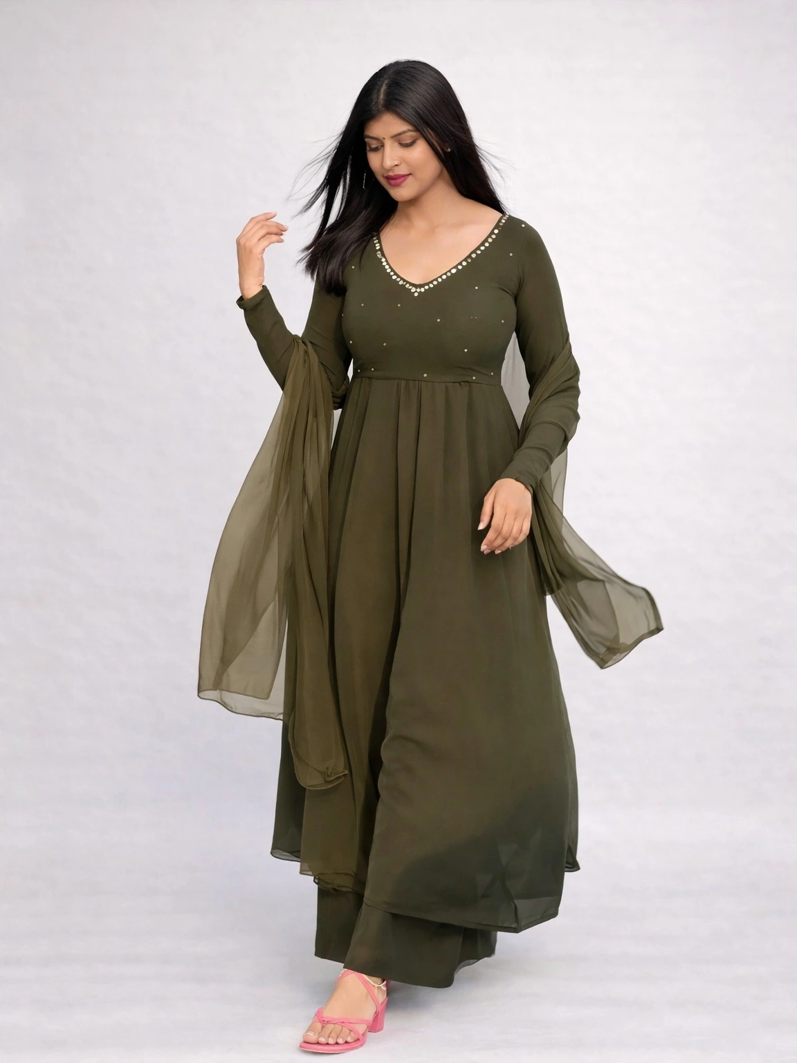 Women's Olive Green Embellished Georgette Anarkali Suit Set